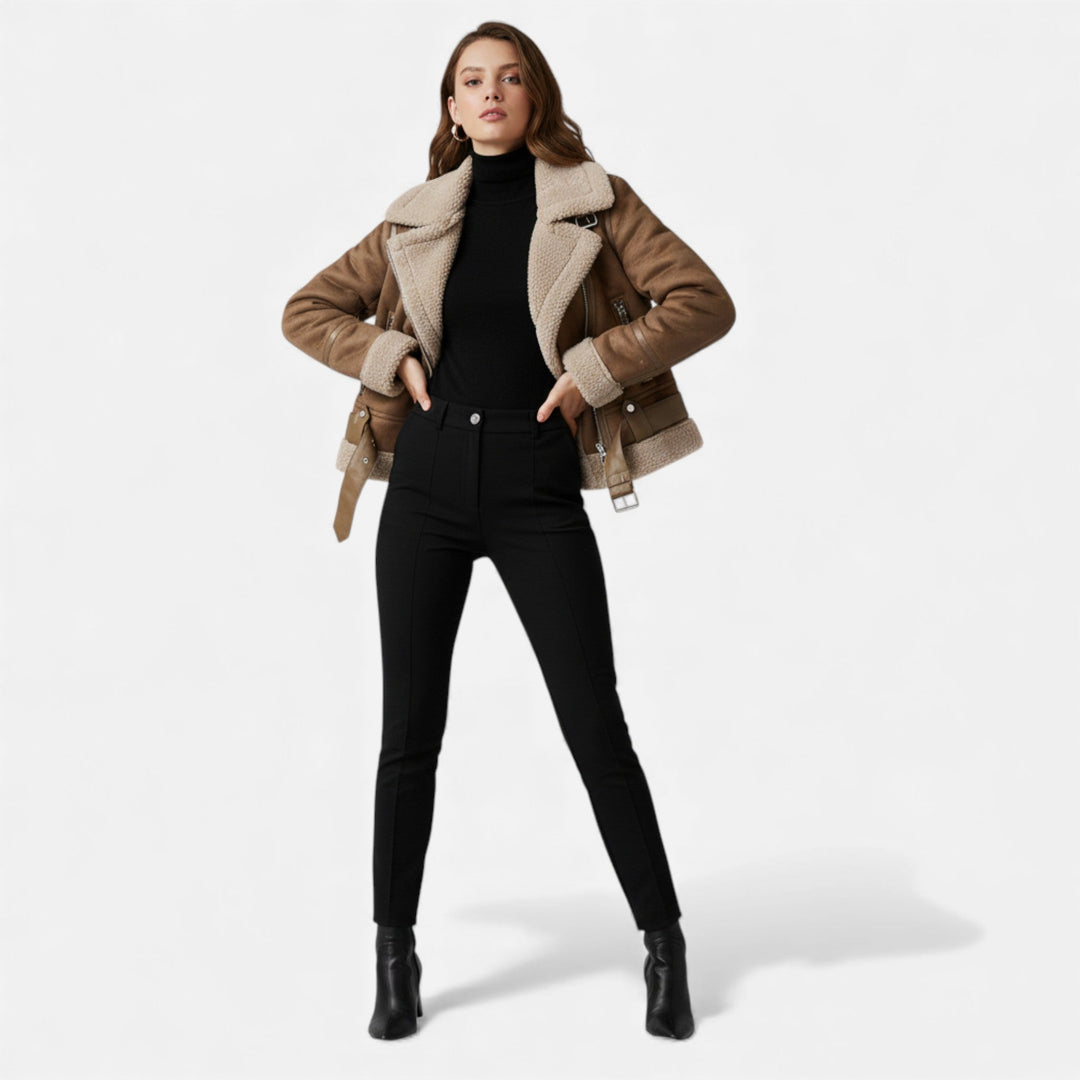 Valmonti | Damens Suede Lammull Kragejacka – Moto-Stil Kappa