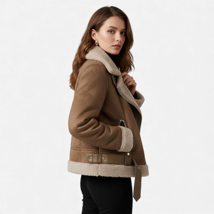 Valmonti | Damens Suede Lammull Kragejacka – Moto-Stil Kappa