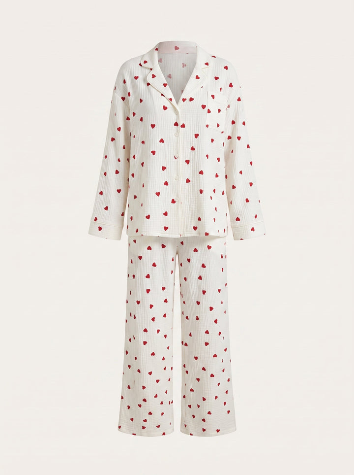 Kvinnors Tryckt Pyjamasset – Avslappnad Långbyxig Loungewear för Sömn och Hemmet