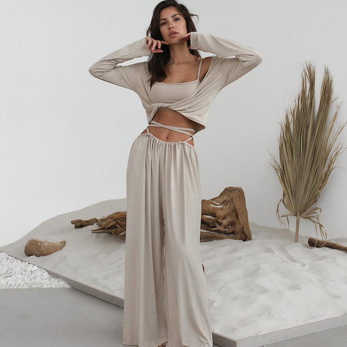 Kvinnors Lounge Set Tre Delar Wrap Top Bred Byxor