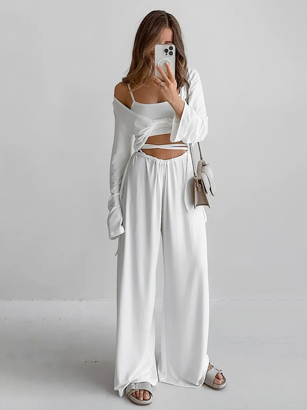 Kvinnors Lounge Set Tre Delar Wrap Top Bred Byxor