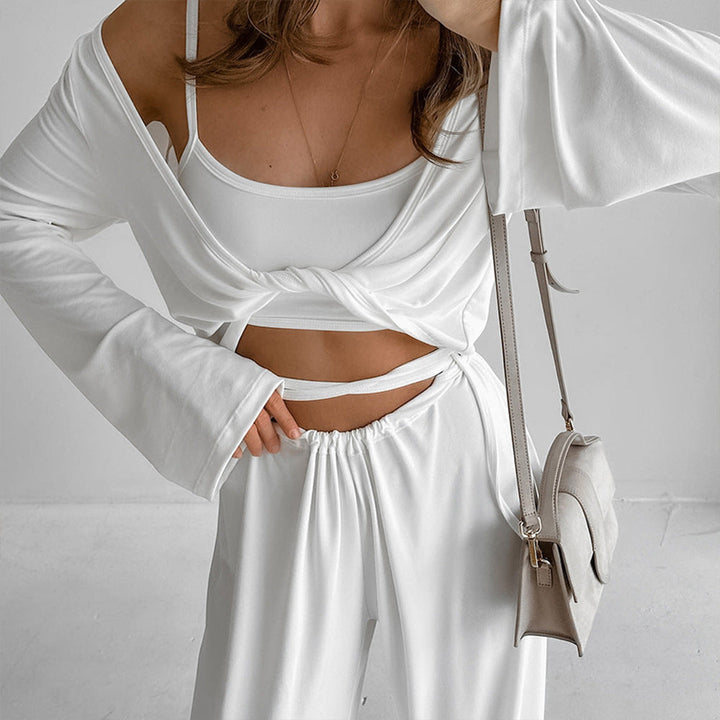 Kvinnors Lounge Set Tre Delar Wrap Top Bred Byxor