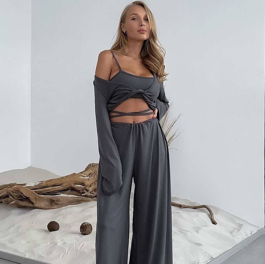 Kvinnors Lounge Set Tre Delar Wrap Top Bred Byxor