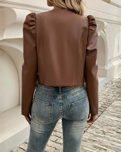 Kvinnors Cropped Puffärmad Jacka – Kragefri Öppen Framsida för Smart Dagsmode