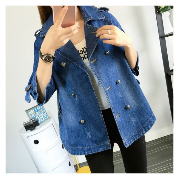 Kvinnors Kort Denim Trench Coat – Dubbelknäppt Lager för Vår och Höst