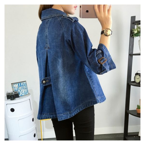 Kvinnors Kort Denim Trench Coat – Dubbelknäppt Lager för Vår och Höst