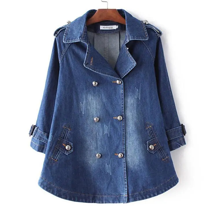 Kvinnors Kort Denim Trench Coat – Dubbelknäppt Lager för Vår och Höst