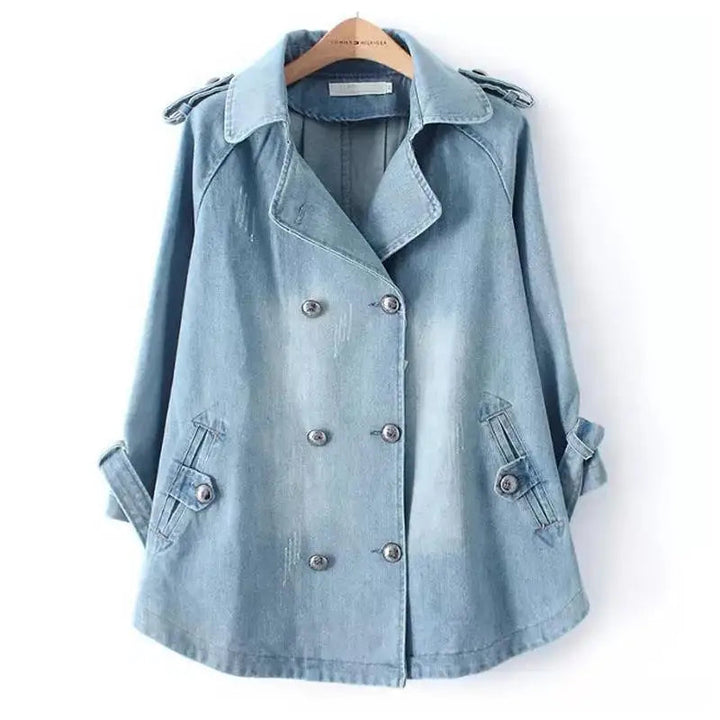 Kvinnors Kort Denim Trench Coat – Dubbelknäppt Lager för Vår och Höst