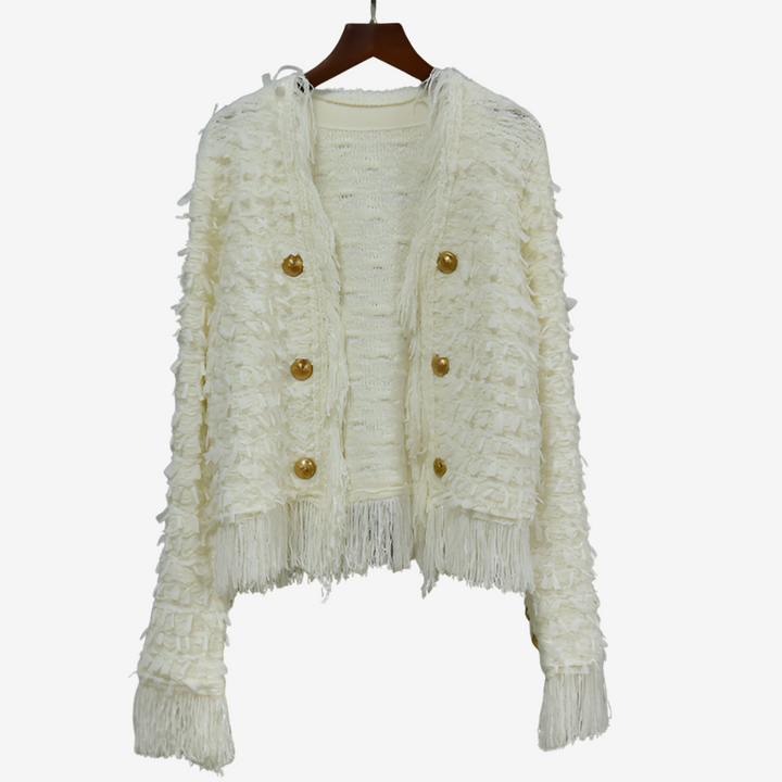 Kvinnors Tweed-effekt Franjjacka – Texturerad Knapplager för Höst och Vinter