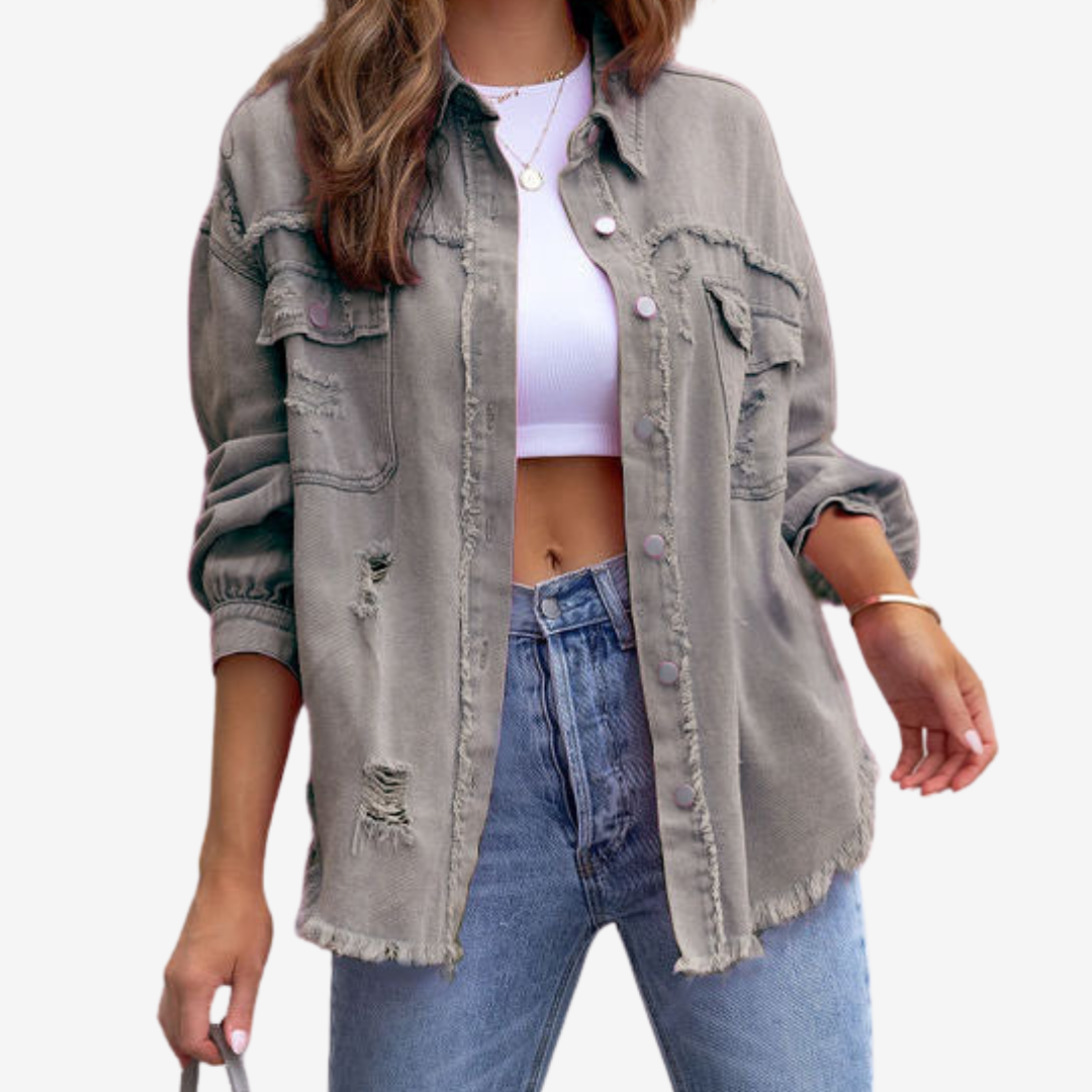 Kvinnors Oversized Denim Shacket – Fransad Knappframsida för Avslappnad Vardagsbruk