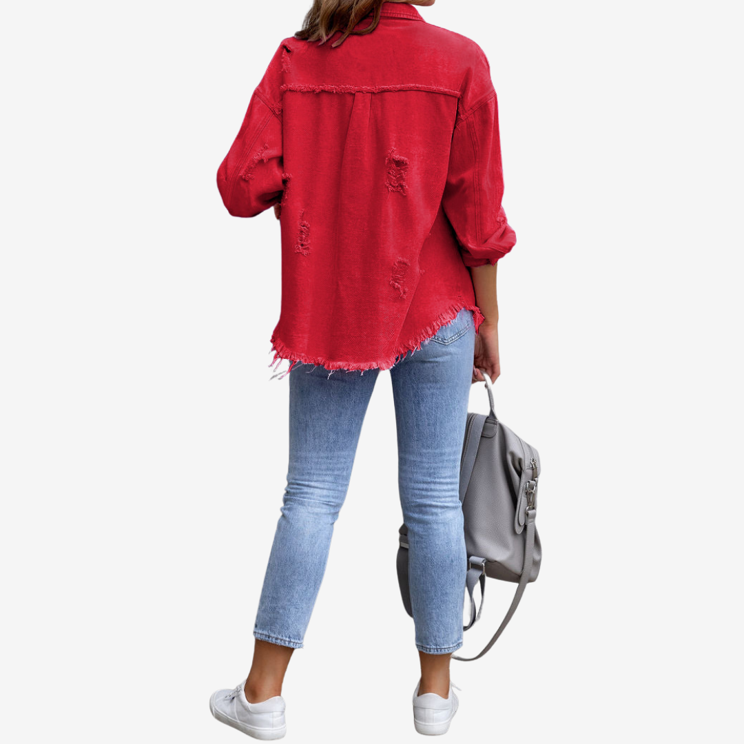 Kvinnors Oversized Denim Shacket – Fransad Knappframsida för Avslappnad Vardagsbruk