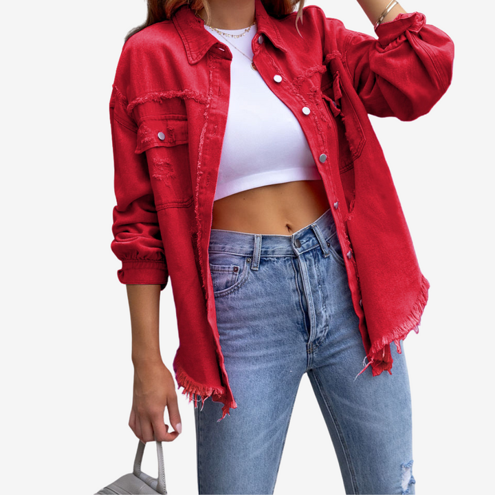 Kvinnors Oversized Denim Shacket – Fransad Knappframsida för Avslappnad Vardagsbruk