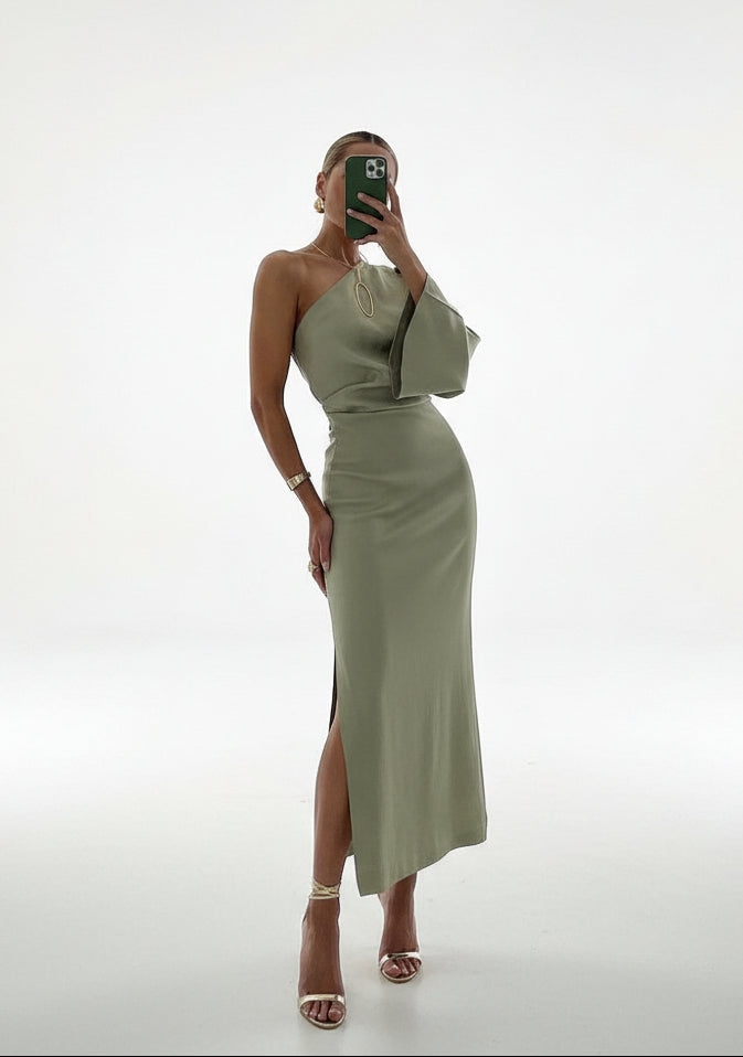 Kvinnors Satin Midi Klänning Asymmetrisk Draperad Ärmspricka