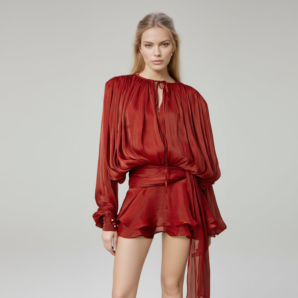 Kvinnors Draperad Tvådelad Set Blus Top Shorts