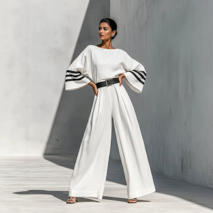 Kvinnors Vidbenad Jumpsuit med Bälte i Linne-look Silhuett