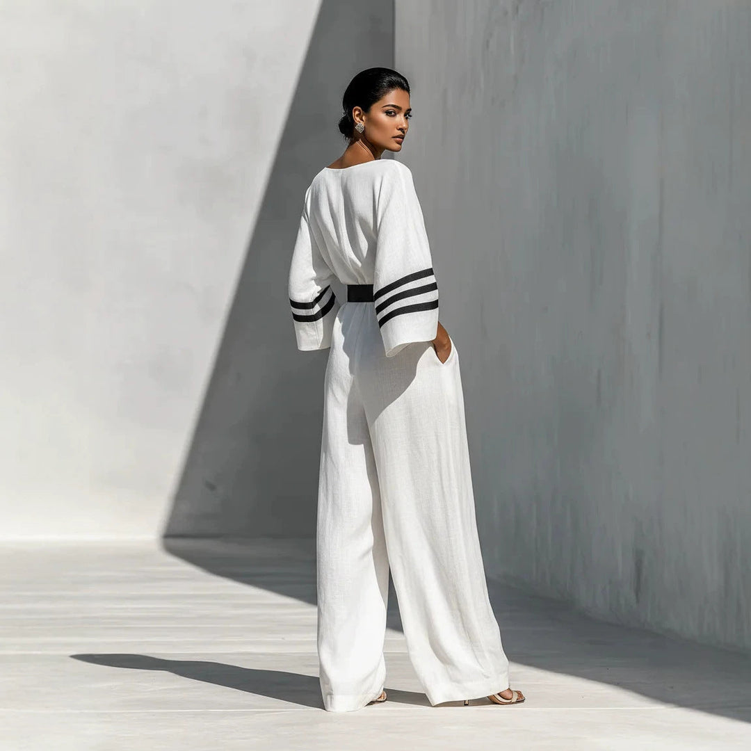 Kvinnors Vidbenad Jumpsuit med Bälte i Linne-look Silhuett