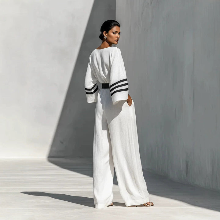 Kvinnors Vidbenad Jumpsuit med Bälte i Linne-look Silhuett