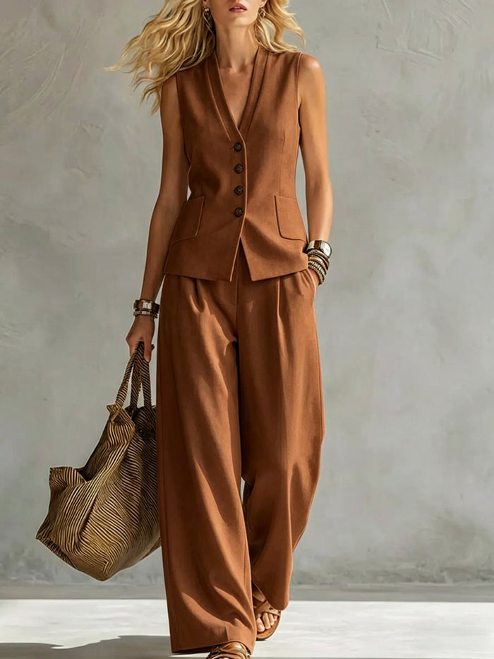 Kvinnors Linne-Look Gilet Set med Vida Byxor