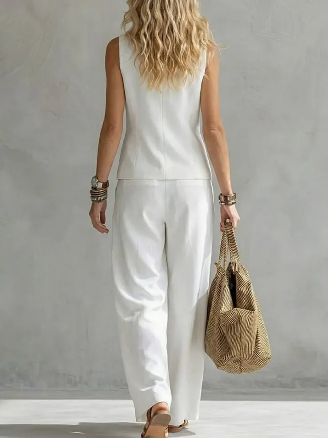 Kvinnors Linne-Look Gilet Set med Vida Byxor