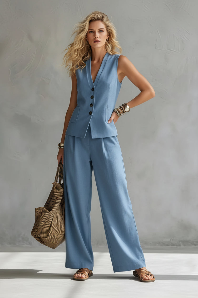 Kvinnors Linne-Look Gilet Set med Vida Byxor