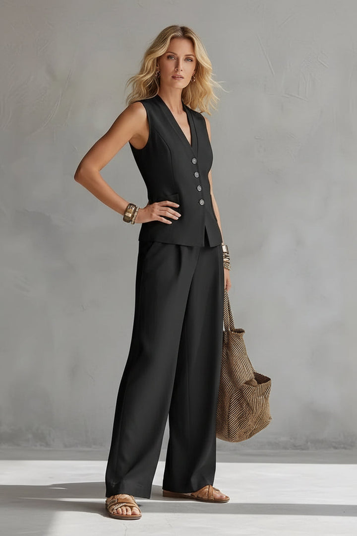 Kvinnors Linne-Look Gilet Set med Vida Byxor