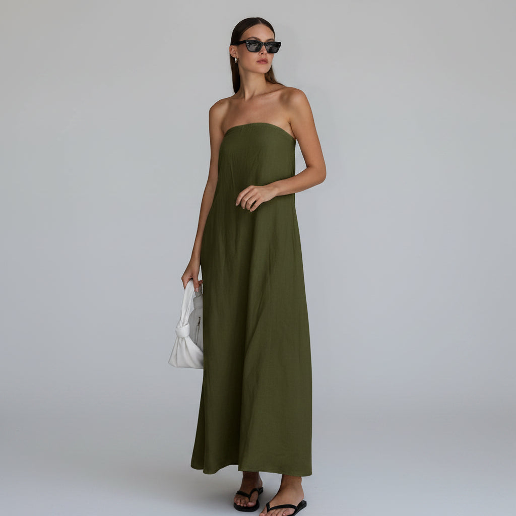 Kvinnors Strapless Maxi Klänning Linne Look Löst Passform