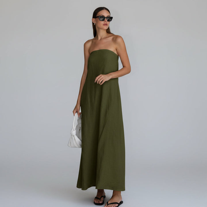 Kvinnors Strapless Maxi Klänning Linne Look Löst Passform