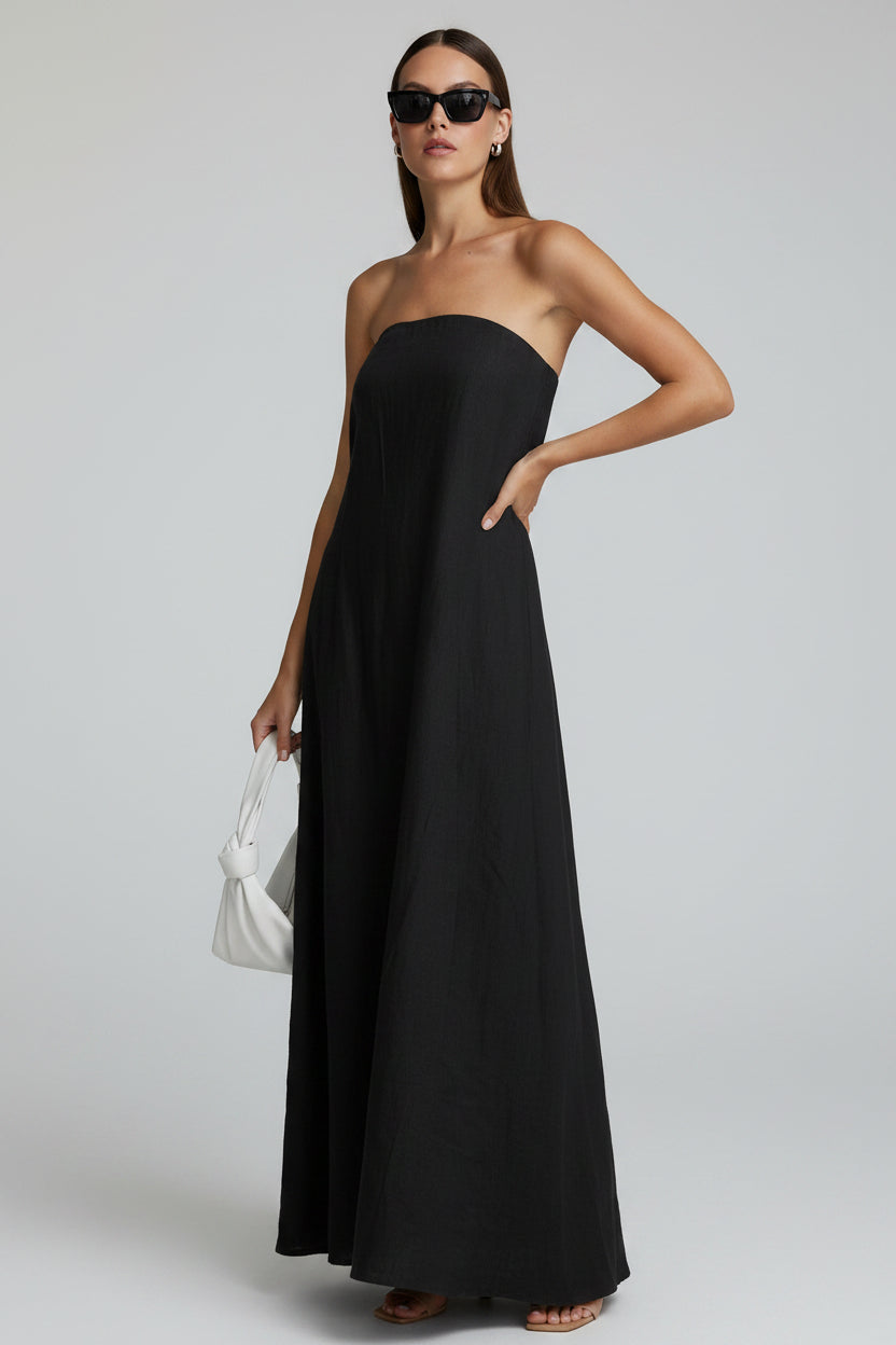 Kvinnors Strapless Maxi Klänning Linne Look Löst Passform