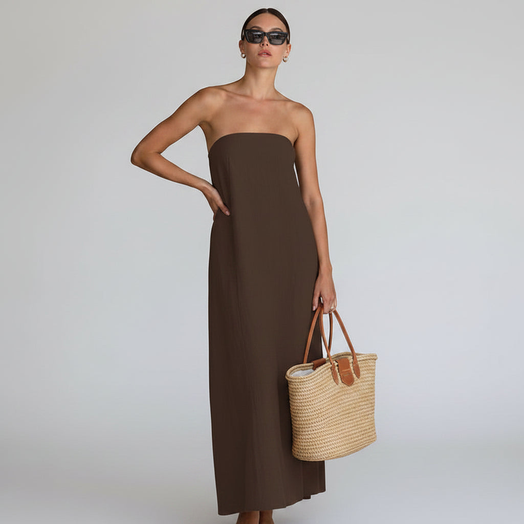 Kvinnors Strapless Maxi Klänning Linne Look Löst Passform