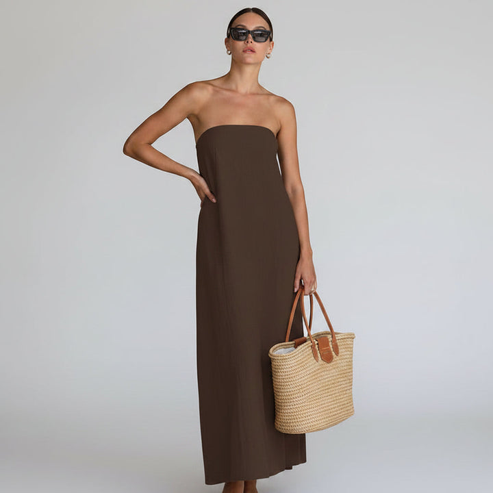 Kvinnors Strapless Maxi Klänning Linne Look Löst Passform