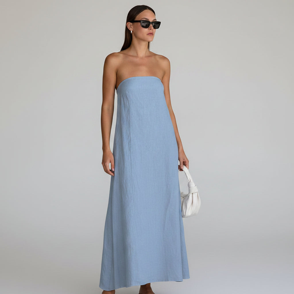 Kvinnors Strapless Maxi Klänning Linne Look Löst Passform