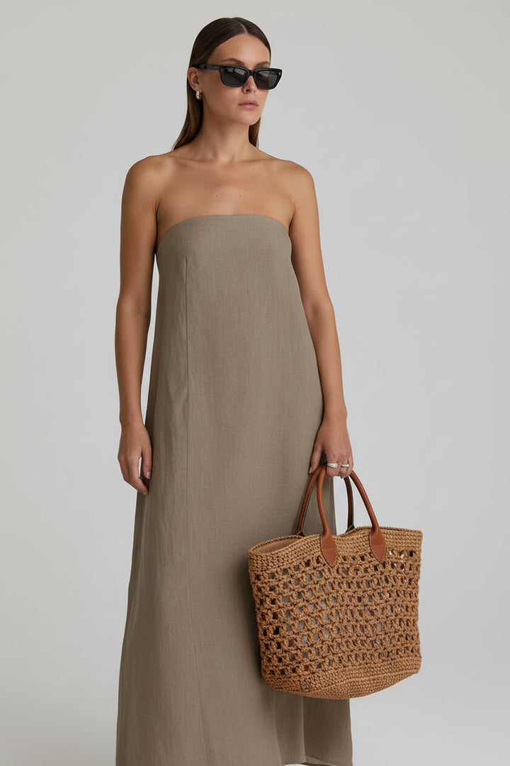 Kvinnors Strapless Maxi Klänning Linne Look Löst Passform