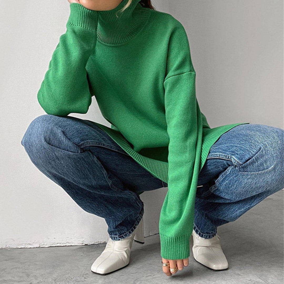 Kvinnors Turtleneck Tröja Avslappnad Passform Sidospalt Stickad Topp