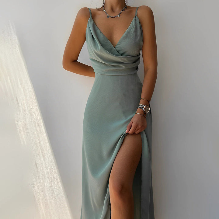 Kvinnors Eleganta Midi Klänning Spaghetti Remmar Rygglös Delad Draperad Kvälls Klädsel