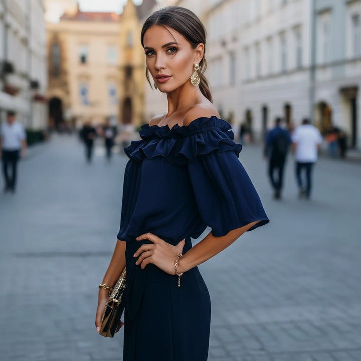 Kvinnors Off Shoulder Ruffle Blus Avslappnad Kort Ärms Top