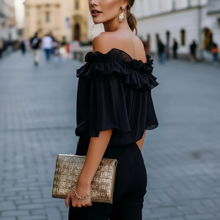 Kvinnors Off Shoulder Ruffle Blus Avslappnad Kort Ärms Top