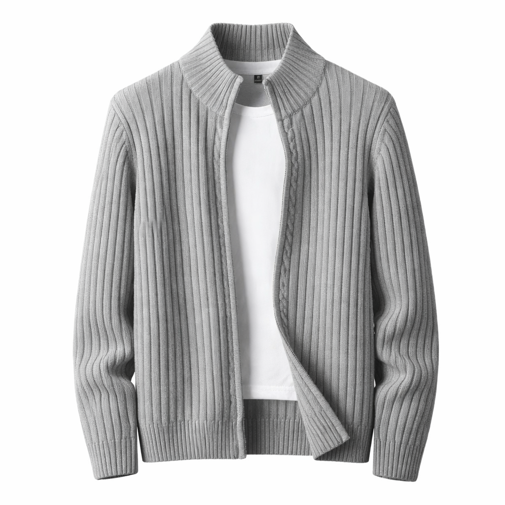 Mäns Ribbad Zip Cardigan Med Ståkrage Stickad Jacka