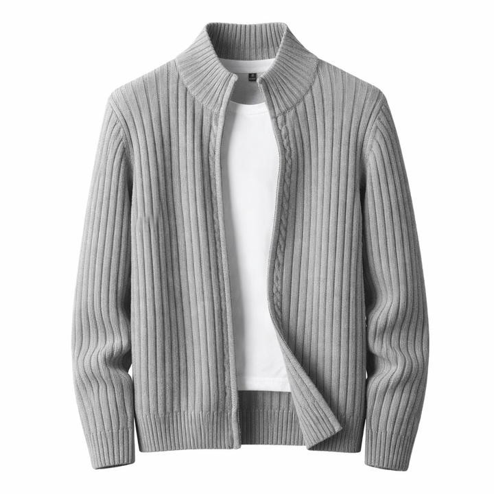 Mäns Ribbad Zip Cardigan Med Ståkrage Stickad Jacka
