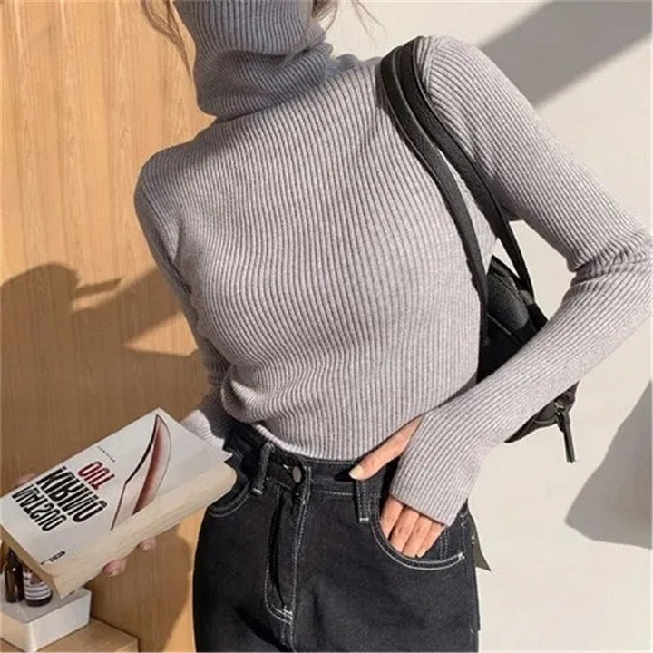 Kvinnors Ribbade Turtleneck Tröja Mjuk Stretch Stickad Slim Fit Pullover