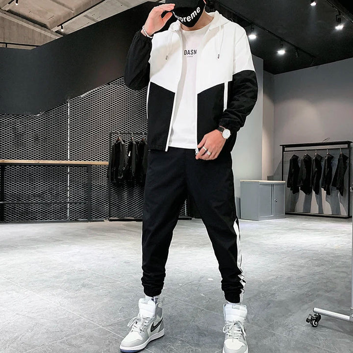 Mäns Tvådelade Träningsoverall Casual Joggers och Huva Sportjacka Set Bekväm Streetwear Hip Hop Löpningsoutfit