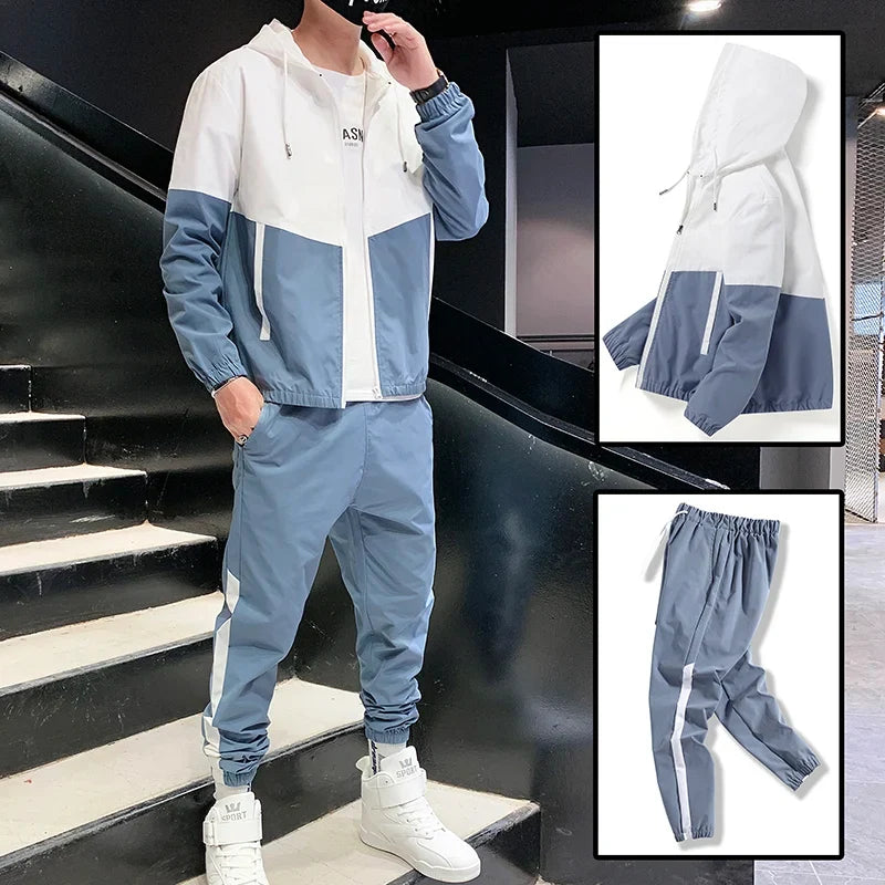 Mäns Tvådelade Träningsoverall Casual Joggers och Huva Sportjacka Set Bekväm Streetwear Hip Hop Löpningsoutfit
