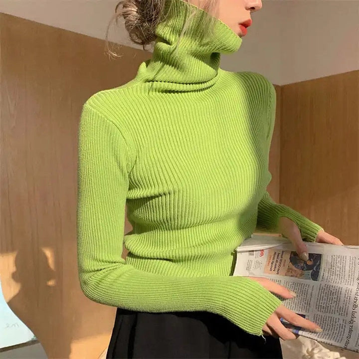 Kvinnors Ribbade Turtleneck Tröja Mjuk Stretch Stickad Slim Fit Pullover