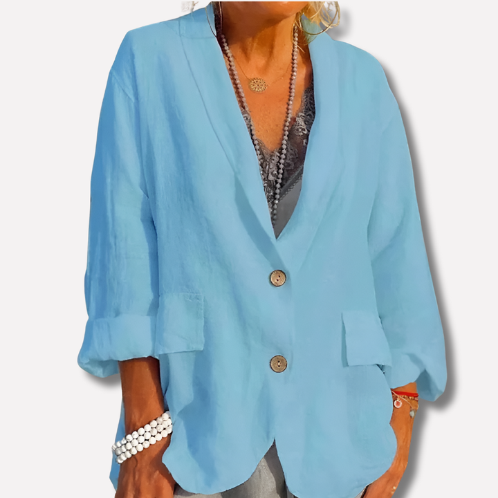 Kvinnors Avslappnad Linne Blazer Med Knappar Detalj Casual Lagerjacka