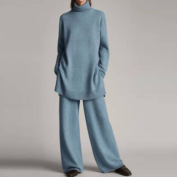 Kvinnors Avslappnad Turtleneck Set – Stretchbomullsblandning med Vida Ben för Avkoppling på Höst och Vinter