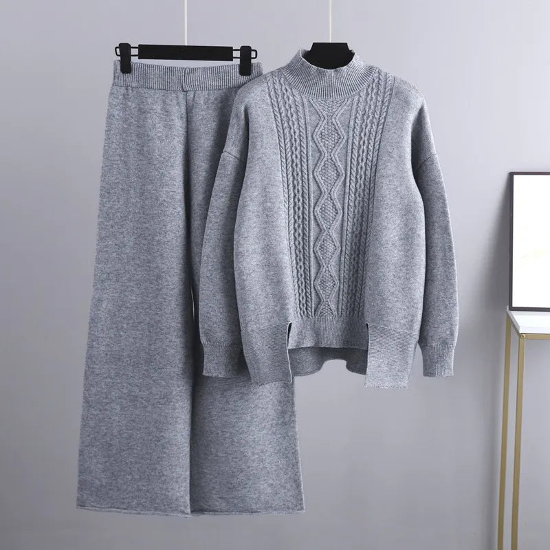 Kvinnors Cashmere Tröja och Vida Byxor Set – Varm Vinter Loungewear