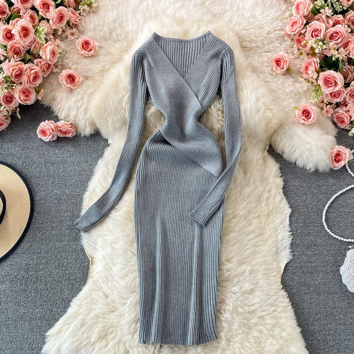 Kvinnors Ribbad Stickad Bodycon Midi Klänning – Korskantad Halsringning med Långa Ärmar för Speciella Tillfällen