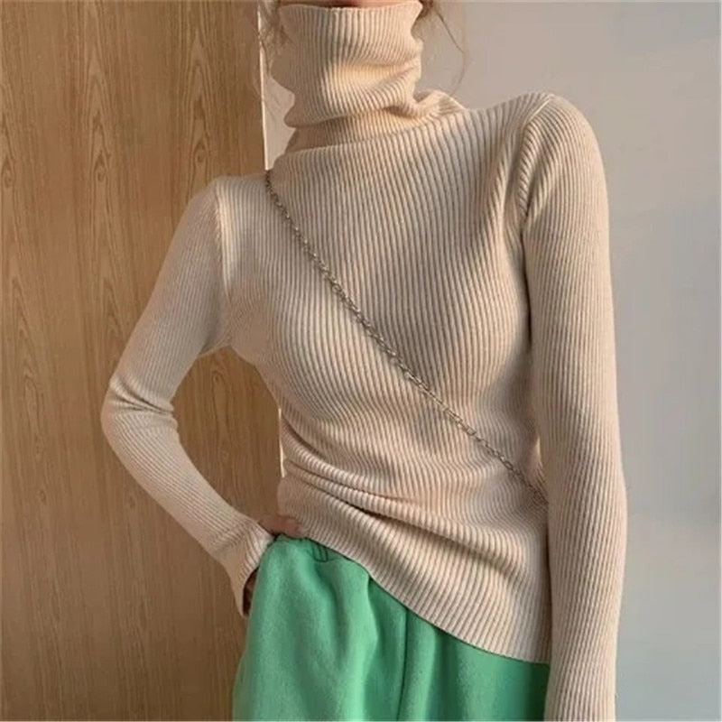 Kvinnors Ribbade Turtleneck Tröja Mjuk Stretch Stickad Slim Fit Pullover