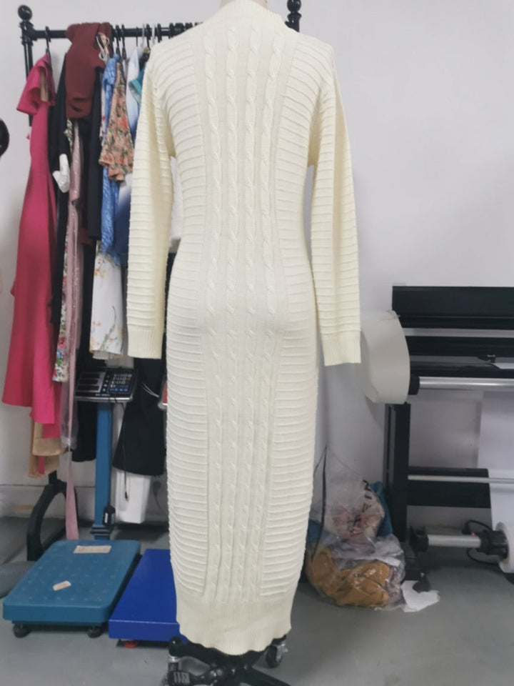 Kvinnors Kabelstickad Bodycon Maxi Klänning – Varm Långärmad Stil för Vintern