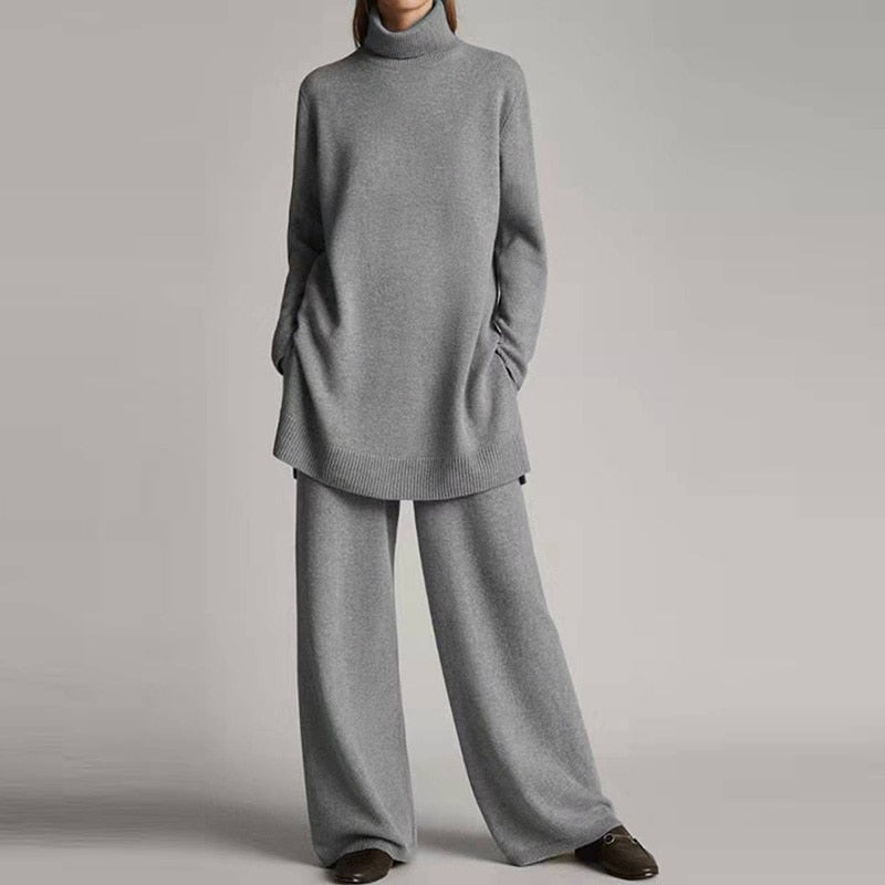 Kvinnors Avslappnad Turtleneck Set – Stretchbomullsblandning med Vida Ben för Avkoppling på Höst och Vinter