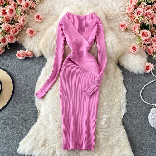 Kvinnors Ribbad Stickad Bodycon Midi Klänning – Korskantad Halsringning med Långa Ärmar för Speciella Tillfällen